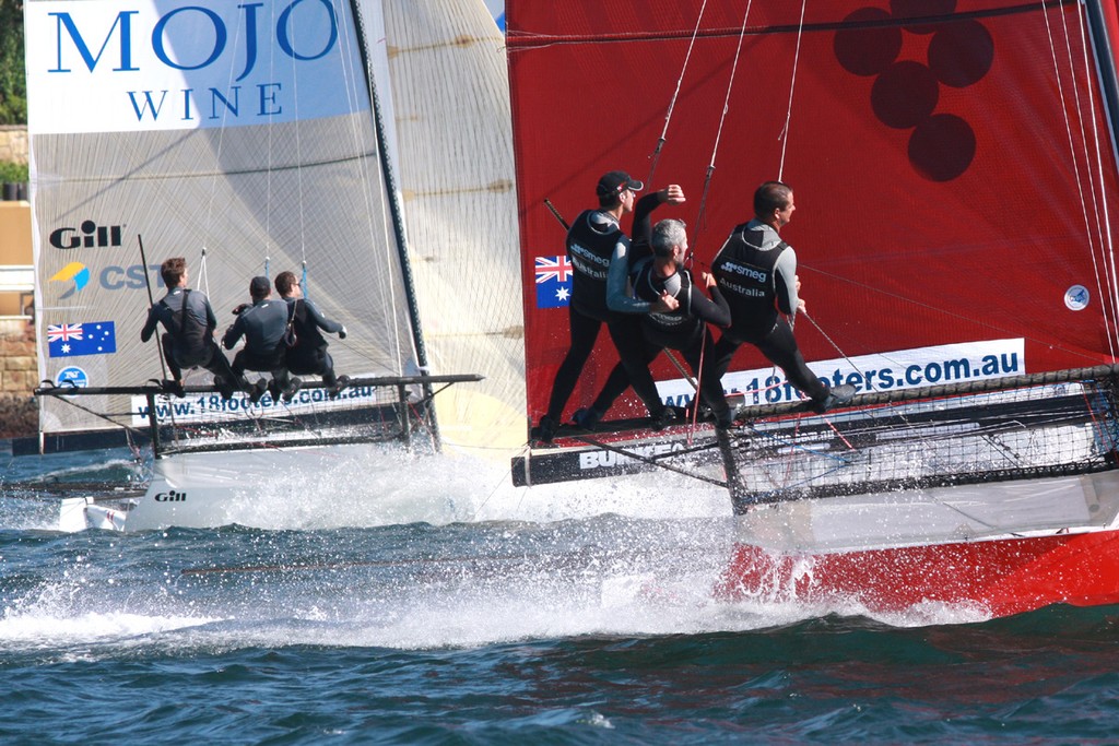 Smeg and Mojo race to the finish line - Giltinan 18ft Skiff Championship 2012 © Frank Quealey /Australian 18 Footers League http://www.18footers.com.au